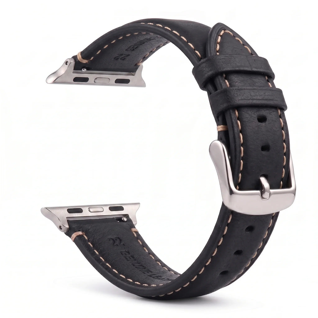 Классический чёрно-серебристый кожаный сменный ремешок для Apple Watch