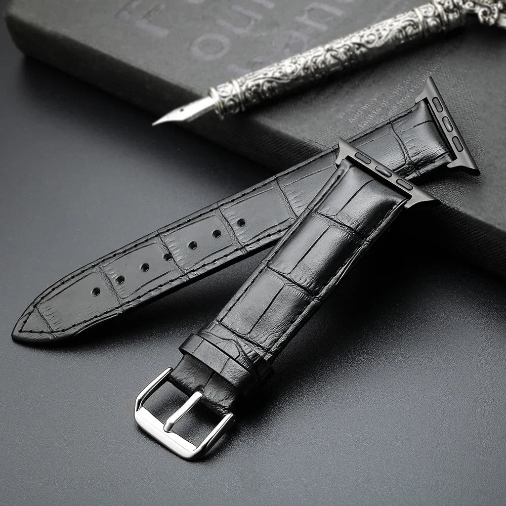 Replacement strap for Apple Watch in black leather and steel