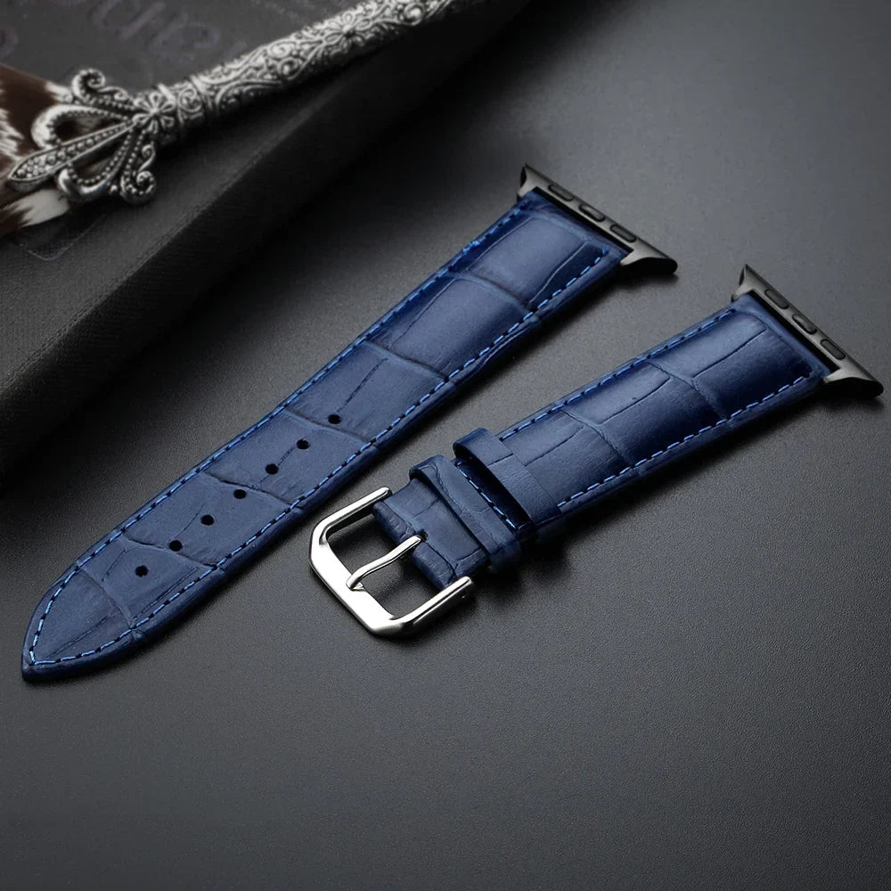 Replacement strap for Apple Watch in blue leather and steel