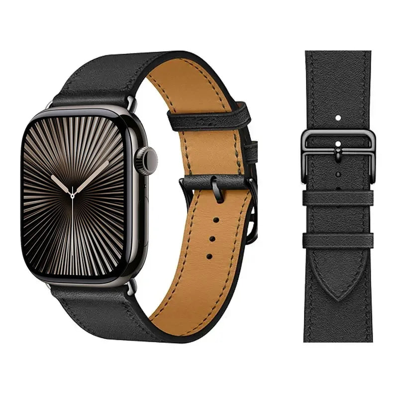 Black leather replacement band for Apple Watch for women and men