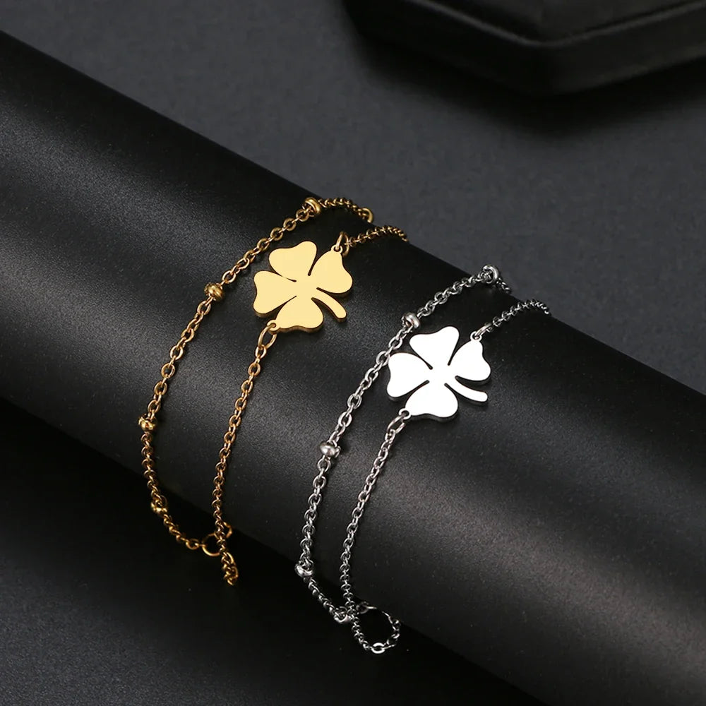 Bracelet Double avec Trèfle à 4 Feuilles or