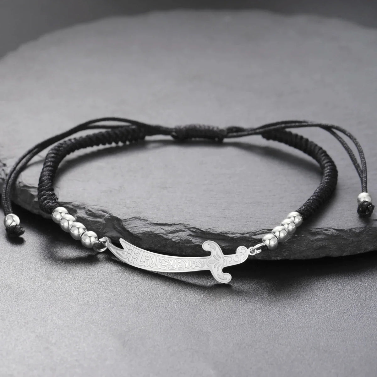 Black and silver Arabic Ali Zulfiqar sword cord bracelet
