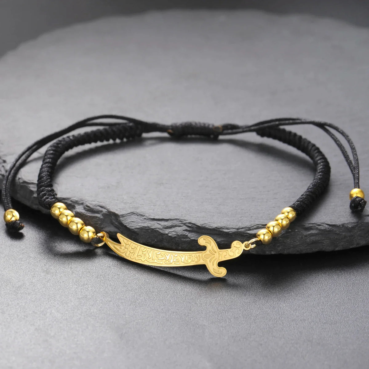 Black and gold Arabic Ali Zulfiqar sword cord bracelet