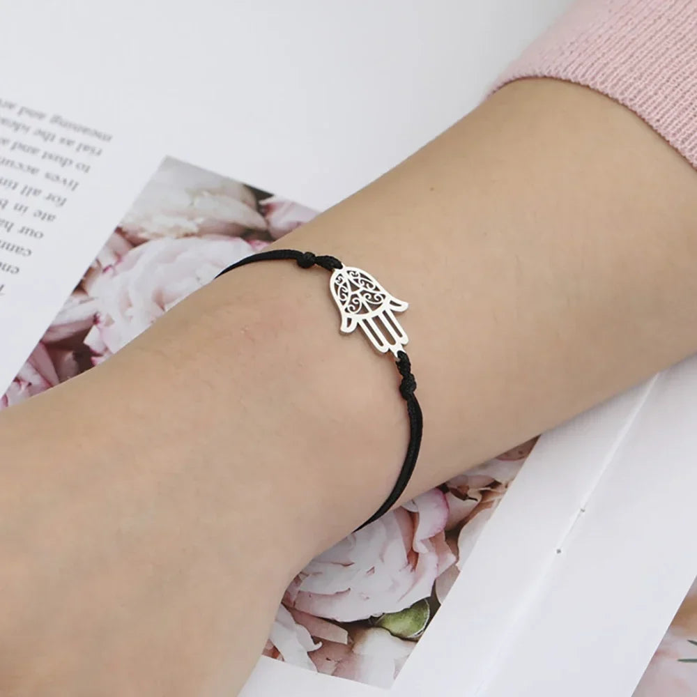 Cord bracelet with Arabic Hand of Fatima in silver