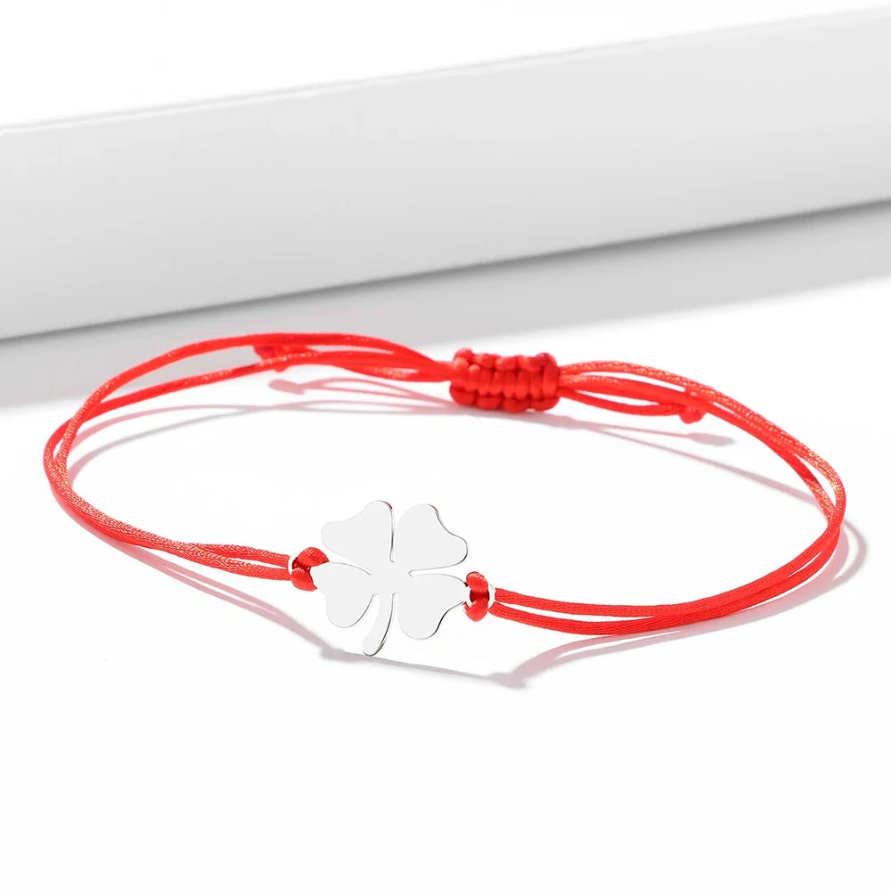 Red and Silver Lucky Four-Leaf Clover Cord Bracelet