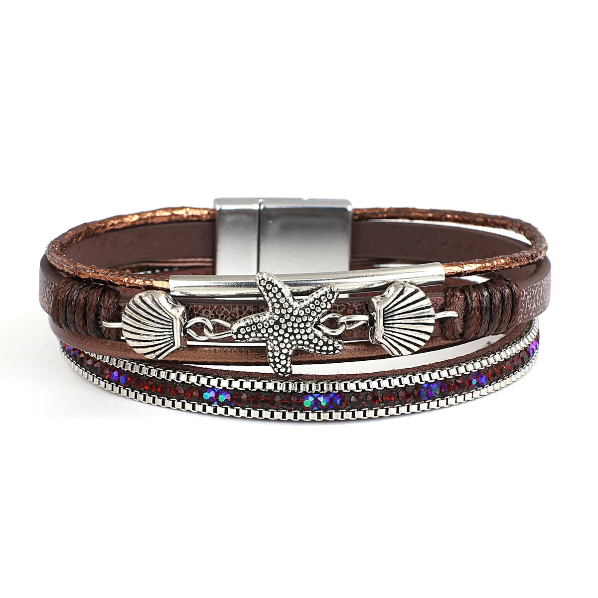 Brown shell and starfish leather bracelet