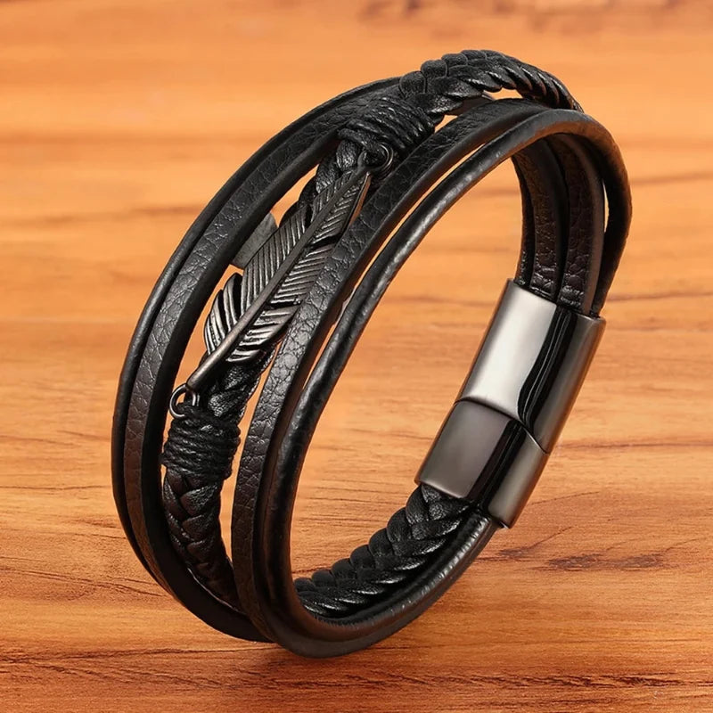 Браслет из кожи с пером для мужчин, чёрный