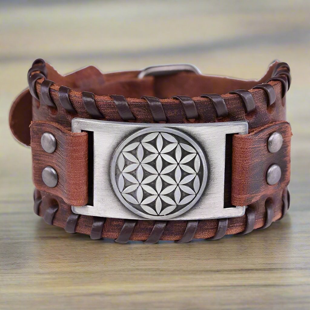 Flower of Life Leather Bracelet for Men brown silver