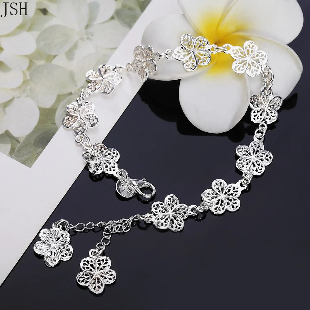 Five-Petal Flowers Silver-Tone Curb Chain Bracelet