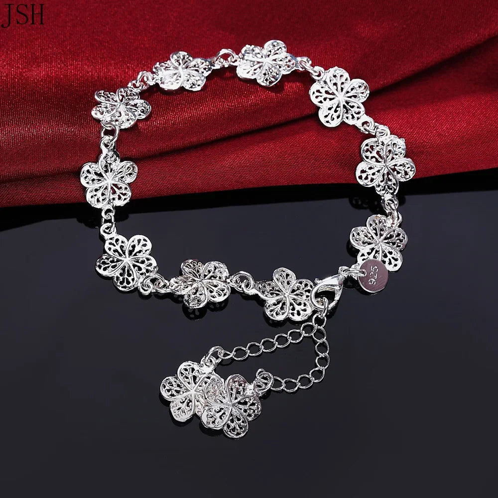 Five-Petal Flowers Silver-Tone Curb Chain Bracelet