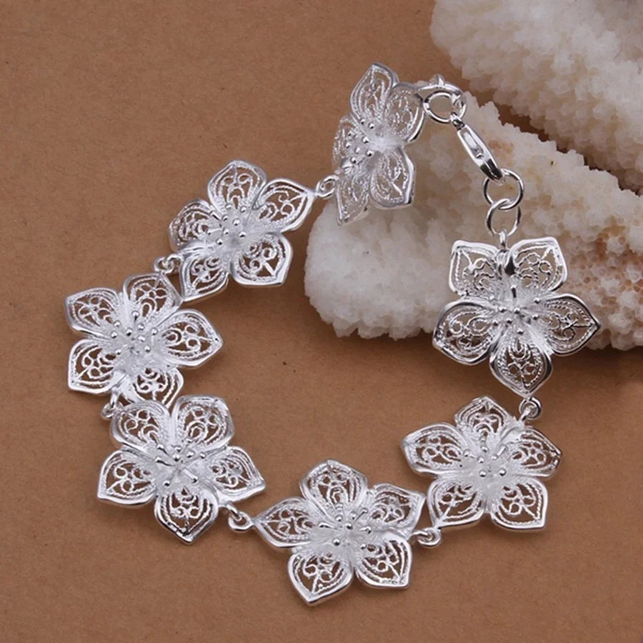 Silver Large Flower Chain Bracelet