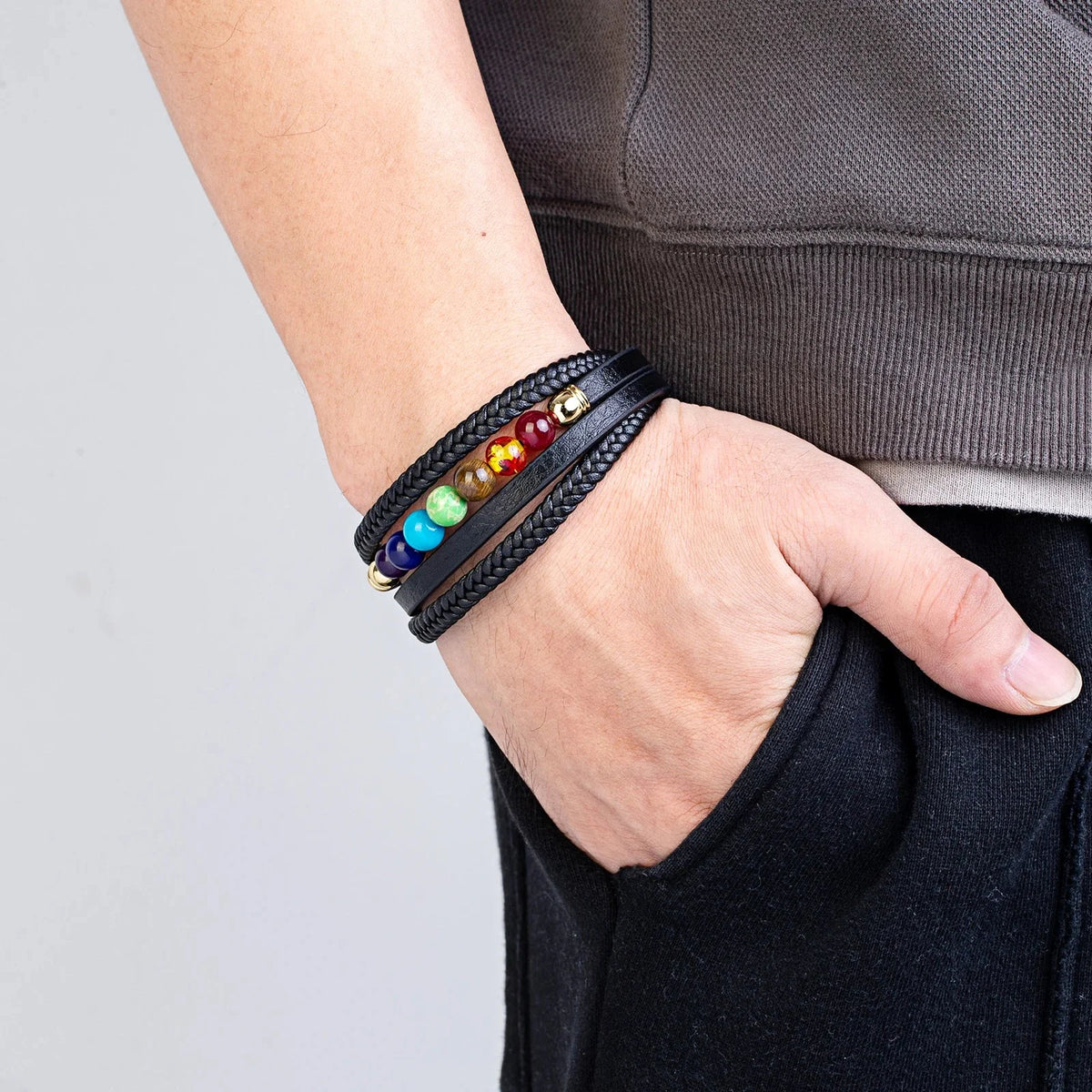 7 Chakras Leather Men’s Bracelet