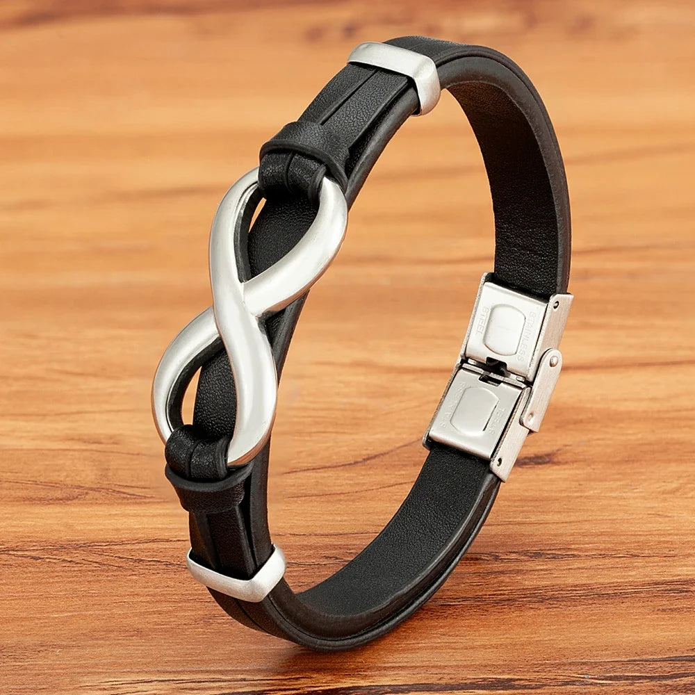 Infinity Bracelet Black and Silver Leather