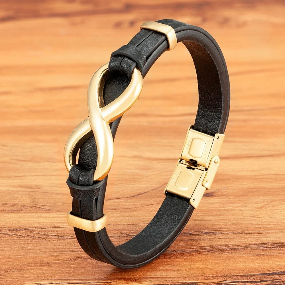 Infinity Bracelet Black and Gold Leather