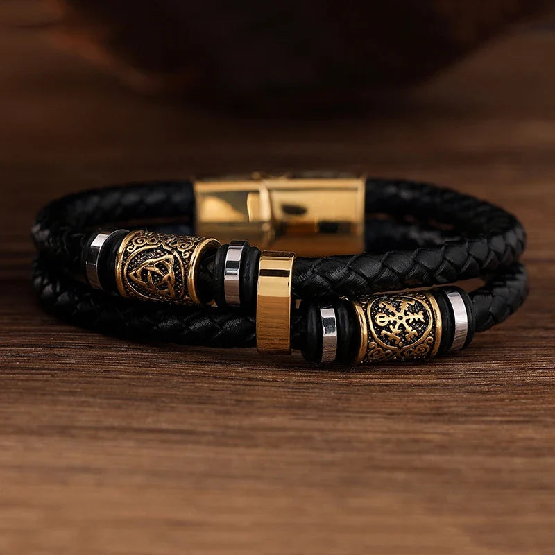 Black Leather Viking Mythology Bracelet gold34