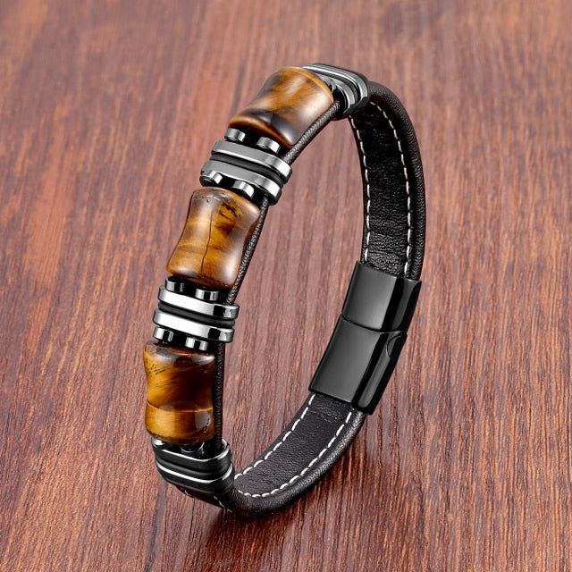 Tiger's Eye Stone Bracelet Black Leather Chain