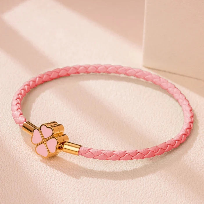 Bracelet Tressé en Cuir avec Trèfle à 4 Feuilles rose