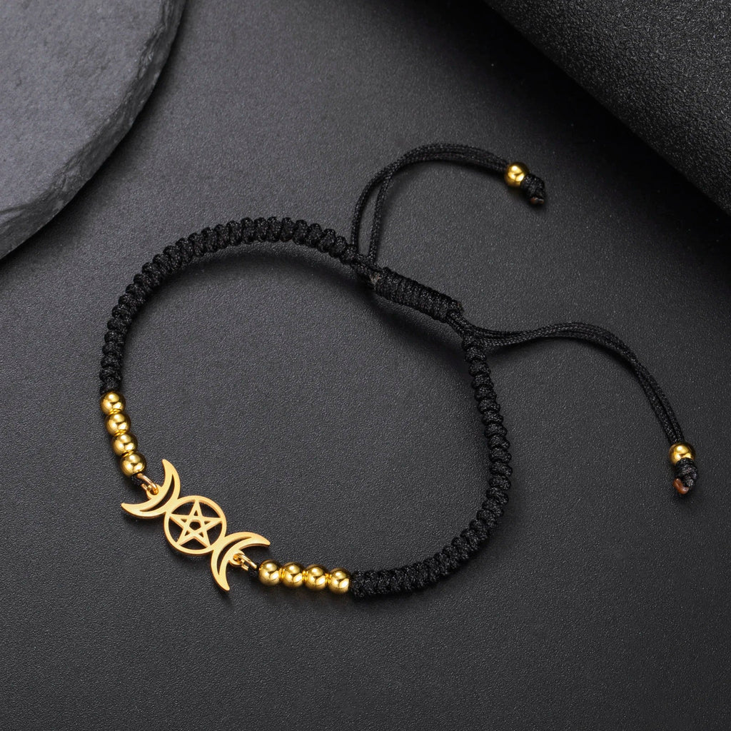 Woven Triple Moon Witchcraft Wiccan Bracelet Chain Black