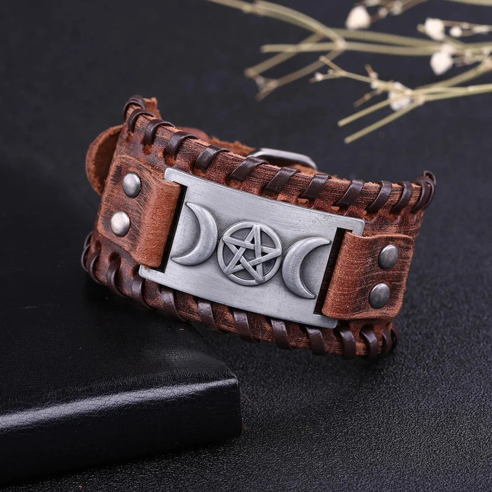 Triple Moon Leather Bracelet Wiccan Sorcery 9
