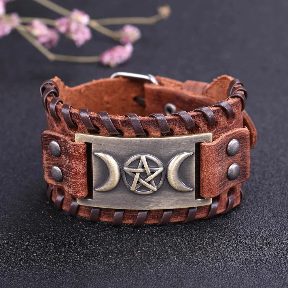 Triple Moon Leather Bracelet Wiccan Sorcery 10