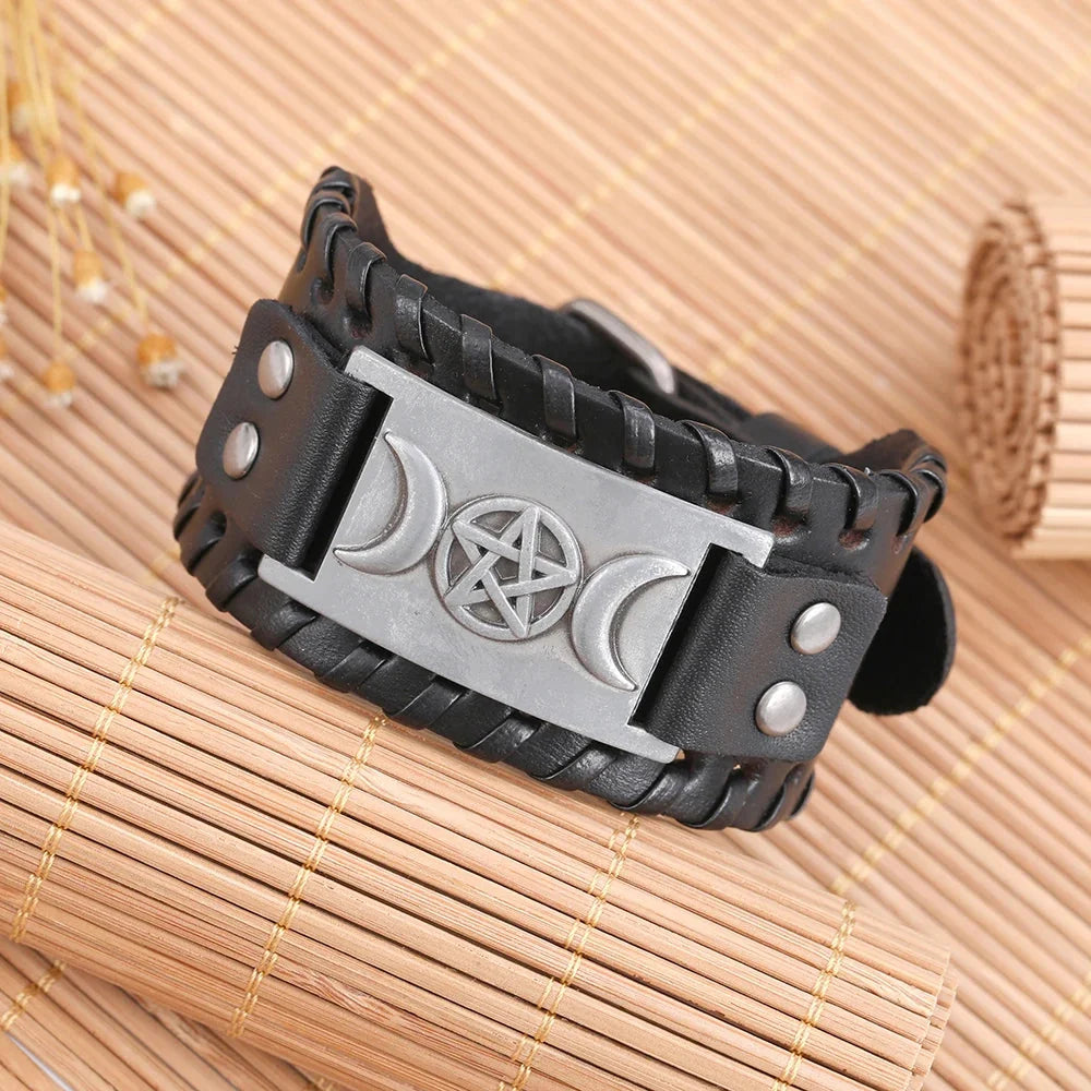 Triple Moon Leather Bracelet Wiccan Sorcery 6