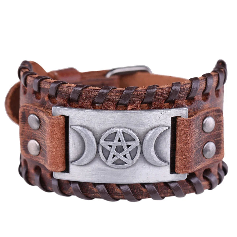 Triple Moon Leather Bracelet Wiccan Sorcery 10