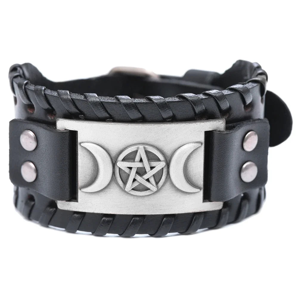 Triple Moon Leather Bracelet Wiccan Sorcery 6