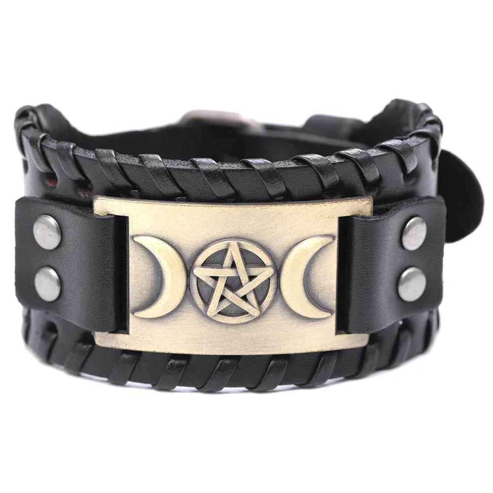 Triple Moon Leather Bracelet Wiccan Sorcery 7