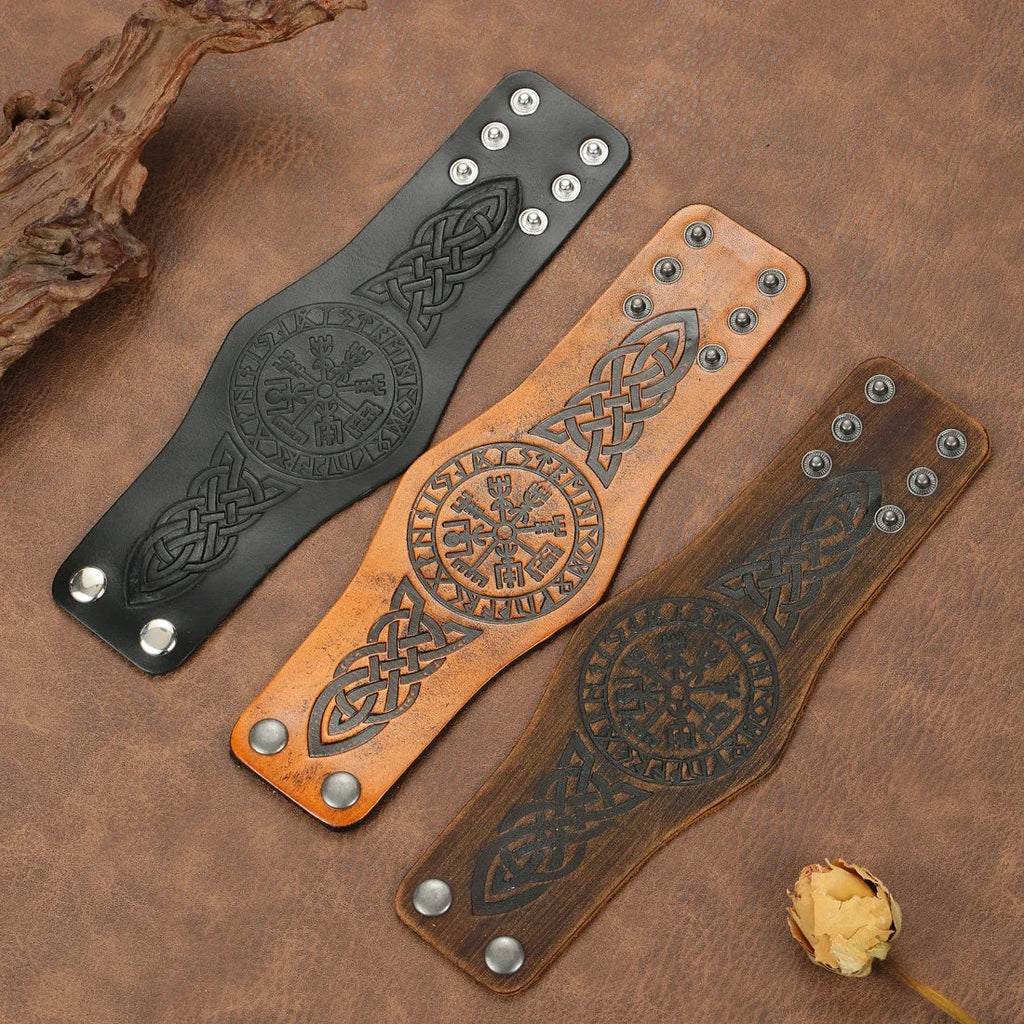 Браслет викинг Vegvisir из черной кожи