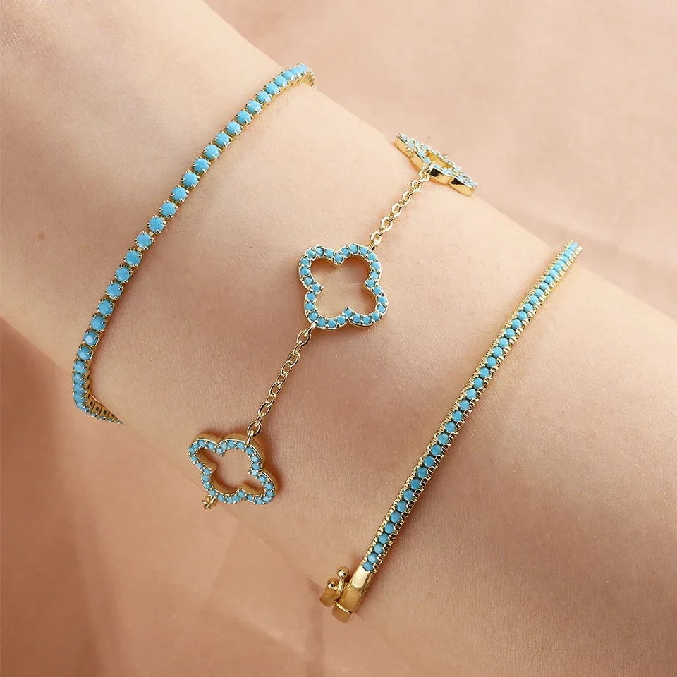 Lot de 3 Bracelets avec Trèfles à 4 Feuilles en Zircon Bleu