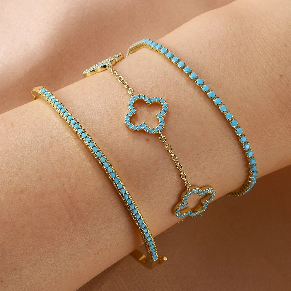 Lot de 3 Bracelets avec Trèfles à 4 Feuilles en Zircon Bleu