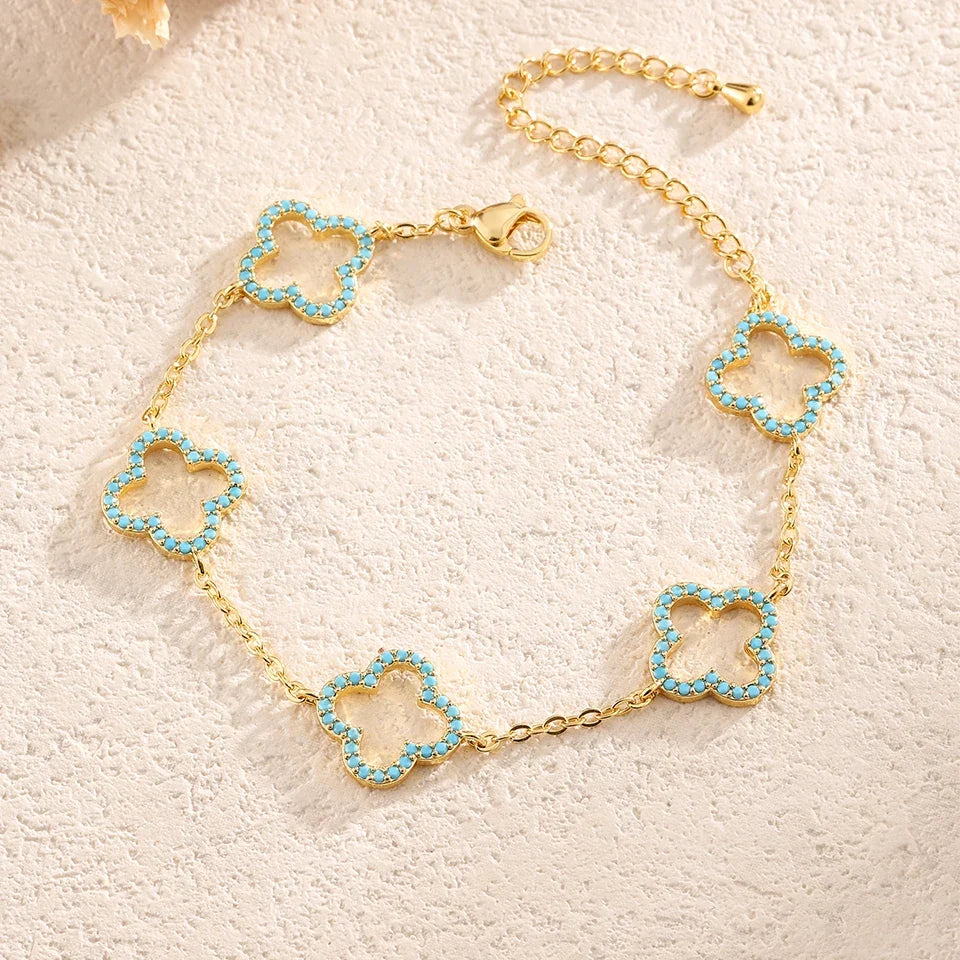 Lot de 3 Bracelets avec Trèfles à 4 Feuilles en Zircon Bleu