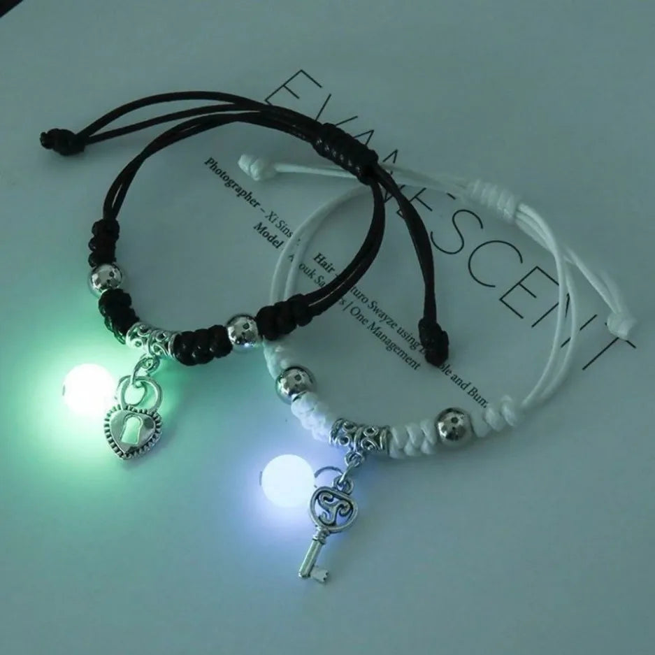 Couples' Bracelets with Luminescent Pearl, Heart and Key Chain 2