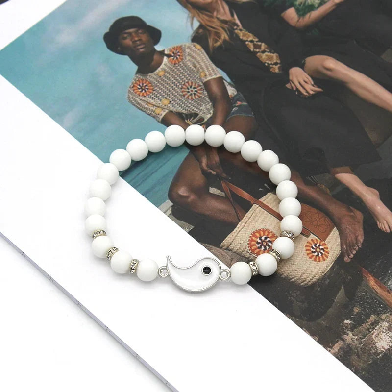 Couples' Bracelets, Separatable Yin Yang Link Bracelet in Natural Black and White Stones