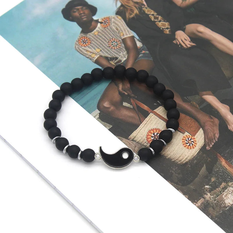 Couples' Bracelets, Separatable Yin Yang Link Bracelet in Natural Black and White Stones