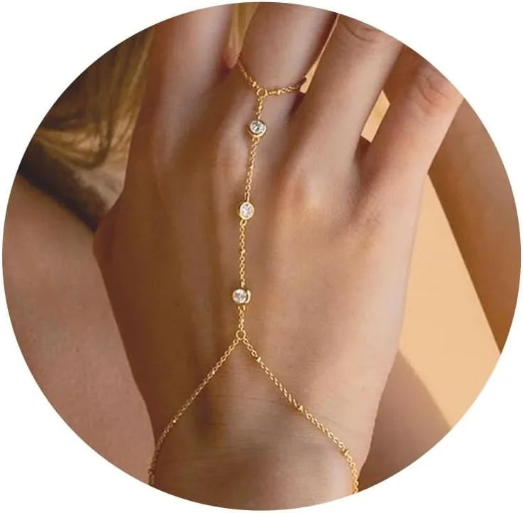 Hand and finger chain with cubic zirconia - women’s hand bracelet gold