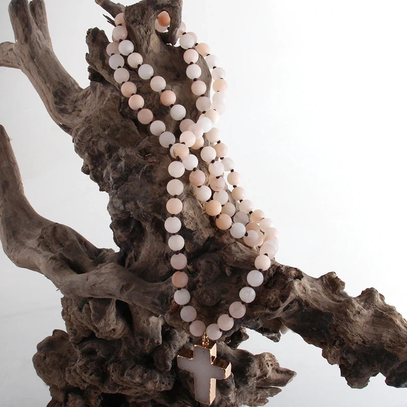 Cross Rosary Necklace with Natural Stone Pendant in Beige
