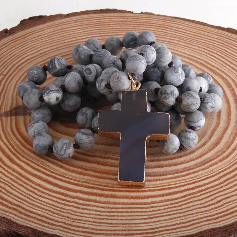 Cross Rosary Necklace with Natural Stone Pendant in Gray