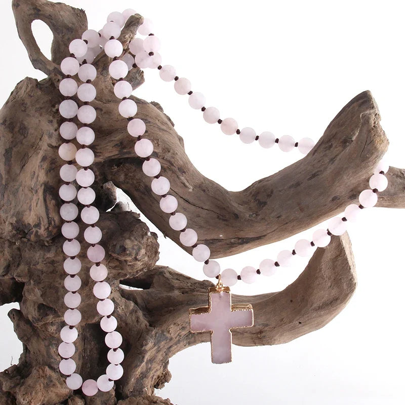 Cross Rosary Necklace with Natural Stone Pendant in Pink