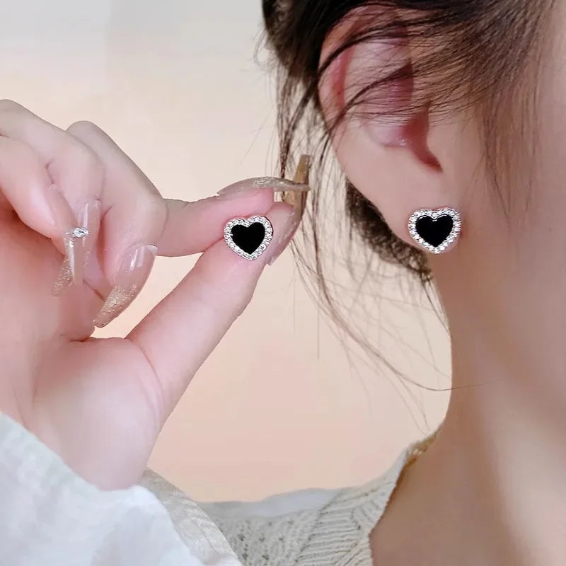 Heart Stud Earrings for Women, Black