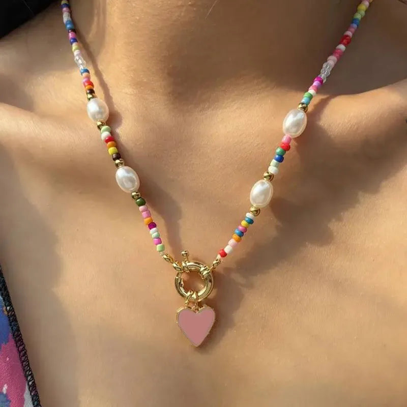 Collier avec Pendentif Bohême Romantique rose