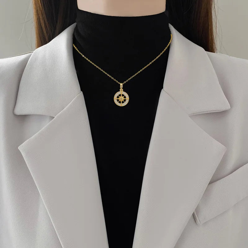 Compass Pendant Necklace with Compass Rose Zircon