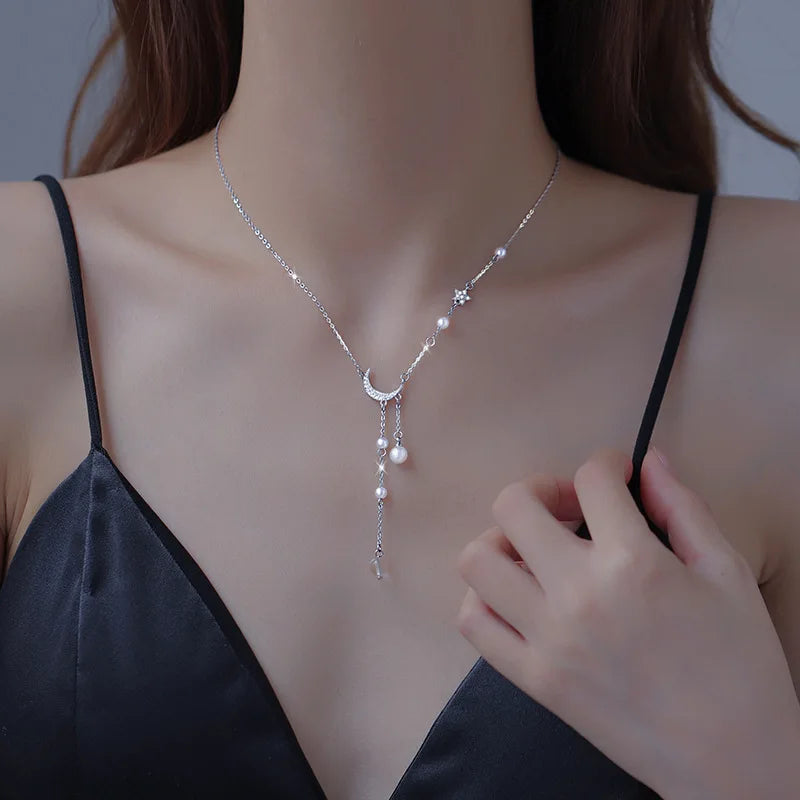 Moon Crescent Pendant Necklace with Beads