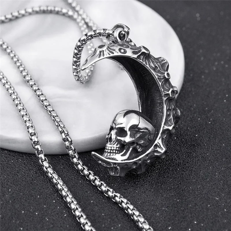 Necklace with Crescent Moon and Skull Pendant