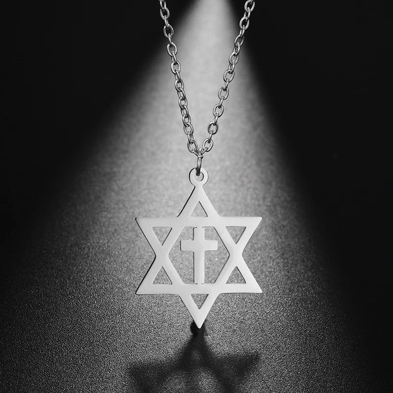 Necklace with cross pendant and the Star of David, orthodox Jewish symbols, silver