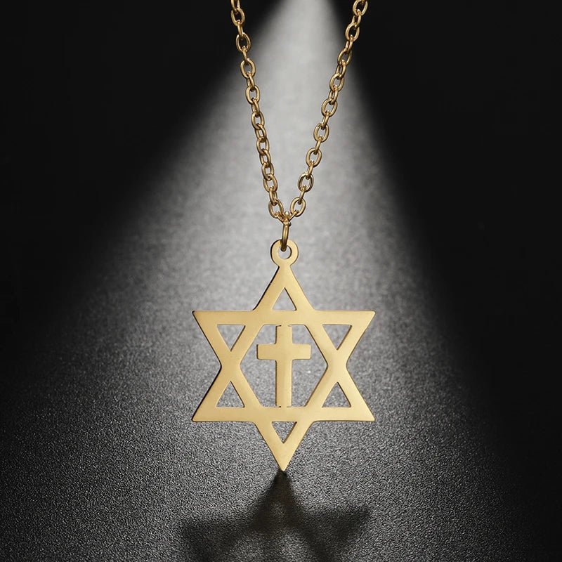 Necklace with cross pendant and the Star of David, orthodox Jewish symbols, gold