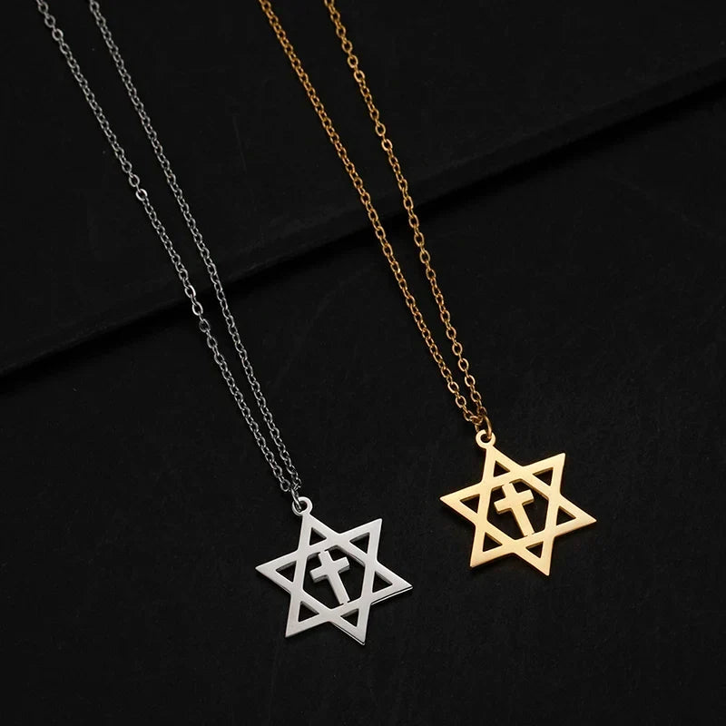 Necklace with cross pendant and the Star of David, orthodox Jewish symbols, gold
