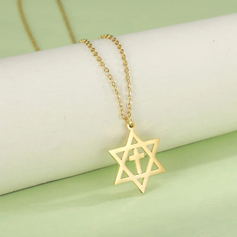 Necklace with cross pendant and the Star of David, orthodox Jewish symbols, gold