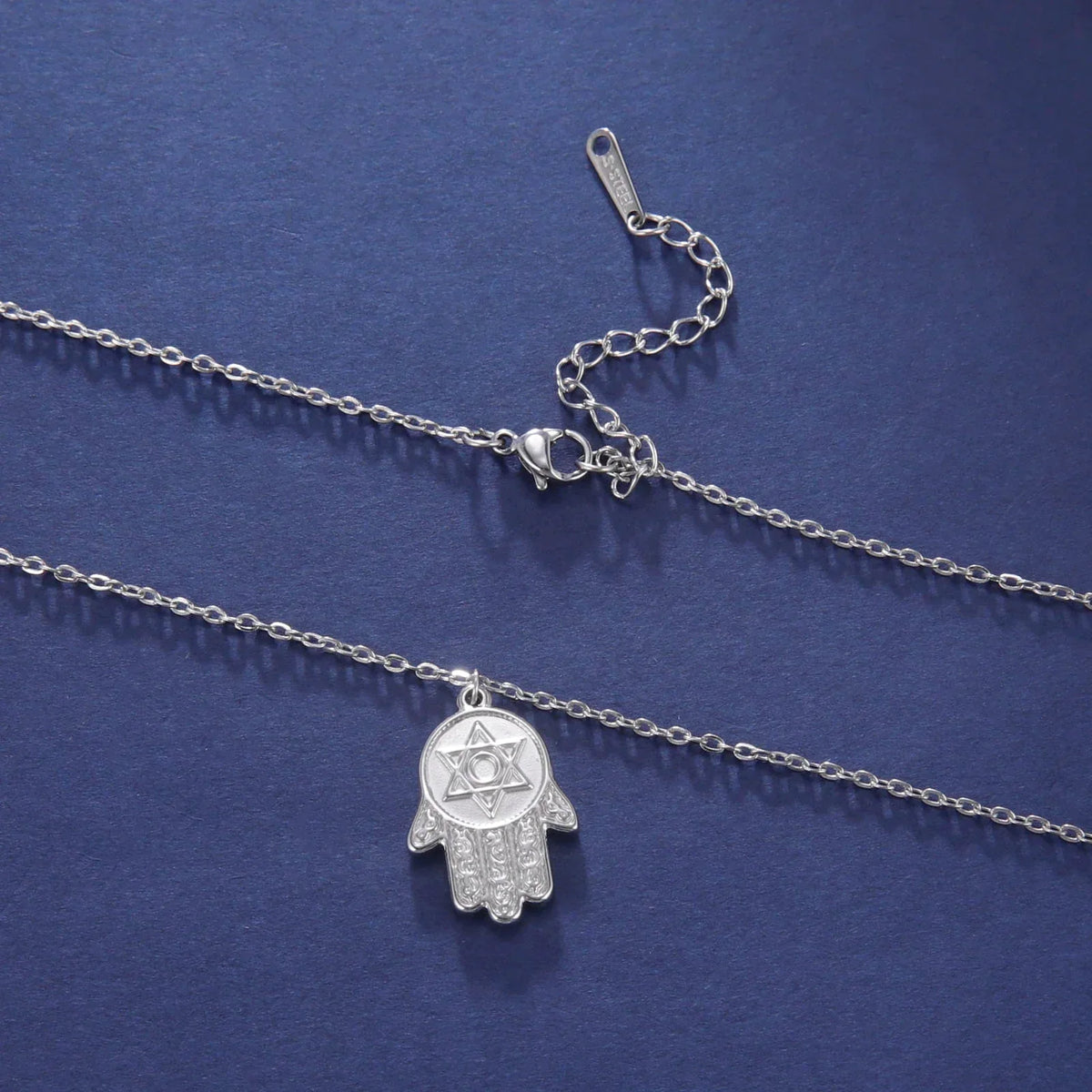 Necklace with protective Star of David and Hamsa pendant, Jewish, silver