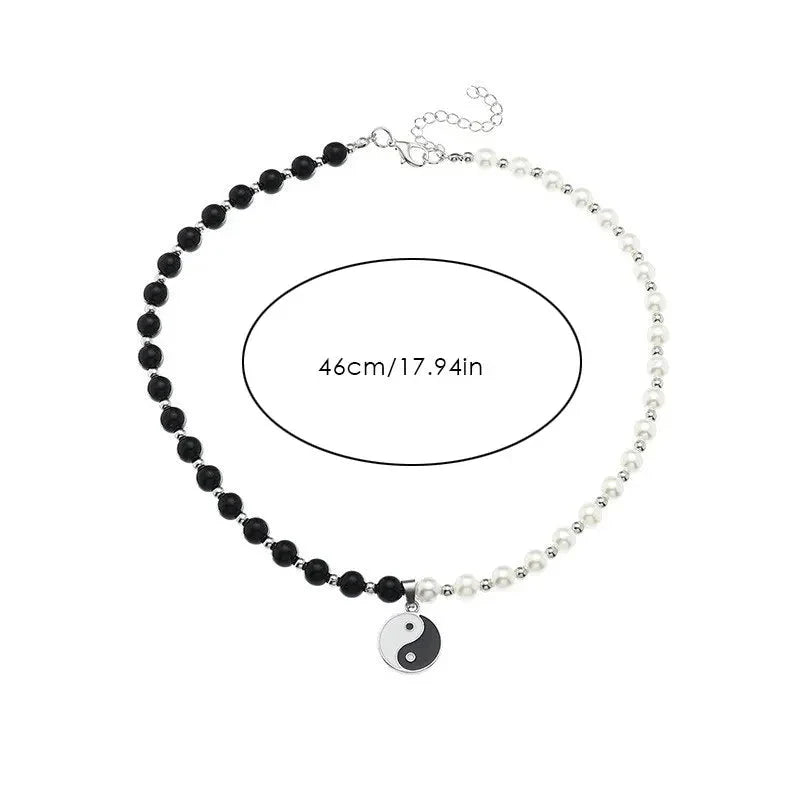 Yin Yang Black and White Beaded Pendant Necklace